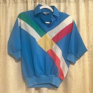 Vintage 80s Cortiva 3/4 Short Sleeve Retro Windbreaker Blue Blouse Women's Sz S!